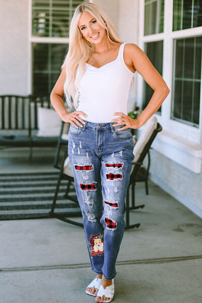 Plaid Distressed Jeans with Pockets BLUE ZONE PLANET
