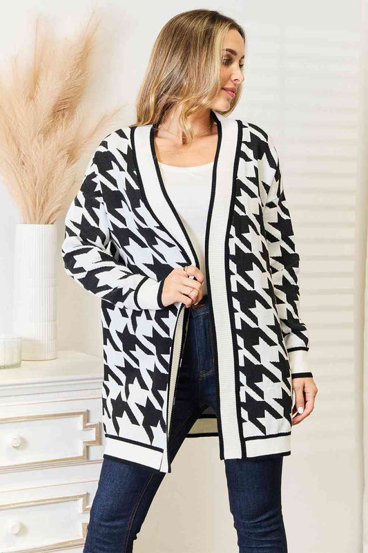 Woven Right Houndstooth Open Front Longline Cardigan BLUE ZONE PLANET