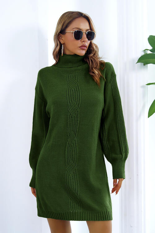 Openwork Turtleneck Long Sleeve Sweater Dress BLUE ZONE PLANET