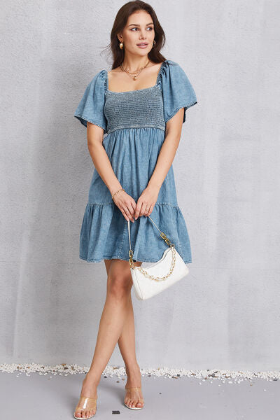 Smocked Square Neck Mini Denim Dress-TOPS / DRESSES-[Adult]-[Female]-2022 Online Blue Zone Planet