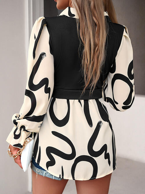 Collared Neck Black And White Color-Contrast Print Long Sleeve Shirt BLUE ZONE PLANET