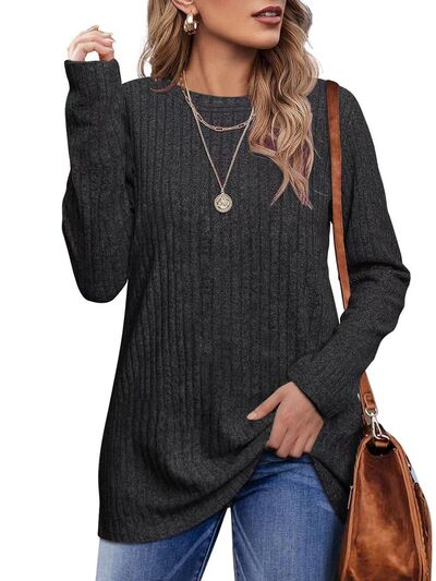 Blue Zone Planet |  Ribbed Round Neck Long Sleeve Blouse BLUE ZONE PLANET