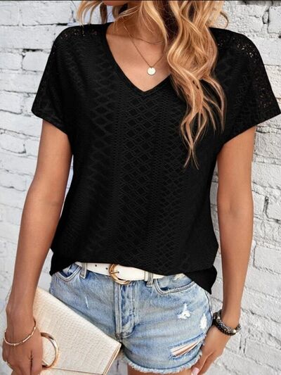 Eyelet V-Neck Short Sleeve T-Shirt Trendsi