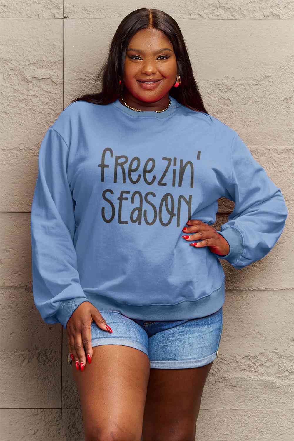 Simply Love Full Size FREEZIN' SEASON Graphic Sweatshirt BLUE ZONE PLANET