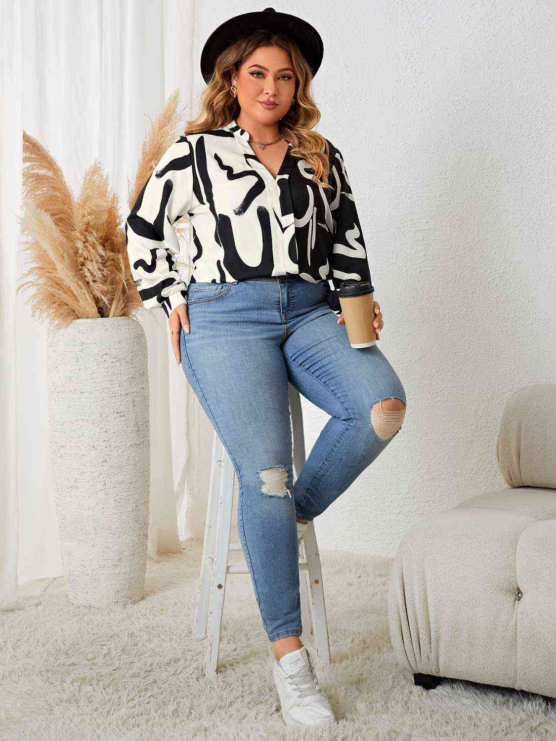 Plus Size V Neck Contrast Color Printed Shirt BLUE ZONE PLANET