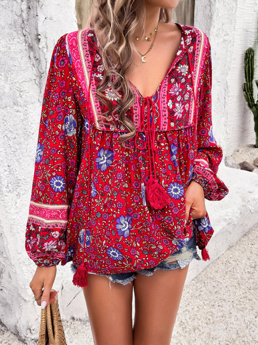 Blue Zone Planet |  Spring and Summer Vacation Bohemian Print Lace-up Long Sleeve Shirt BLUE ZONE PLANET