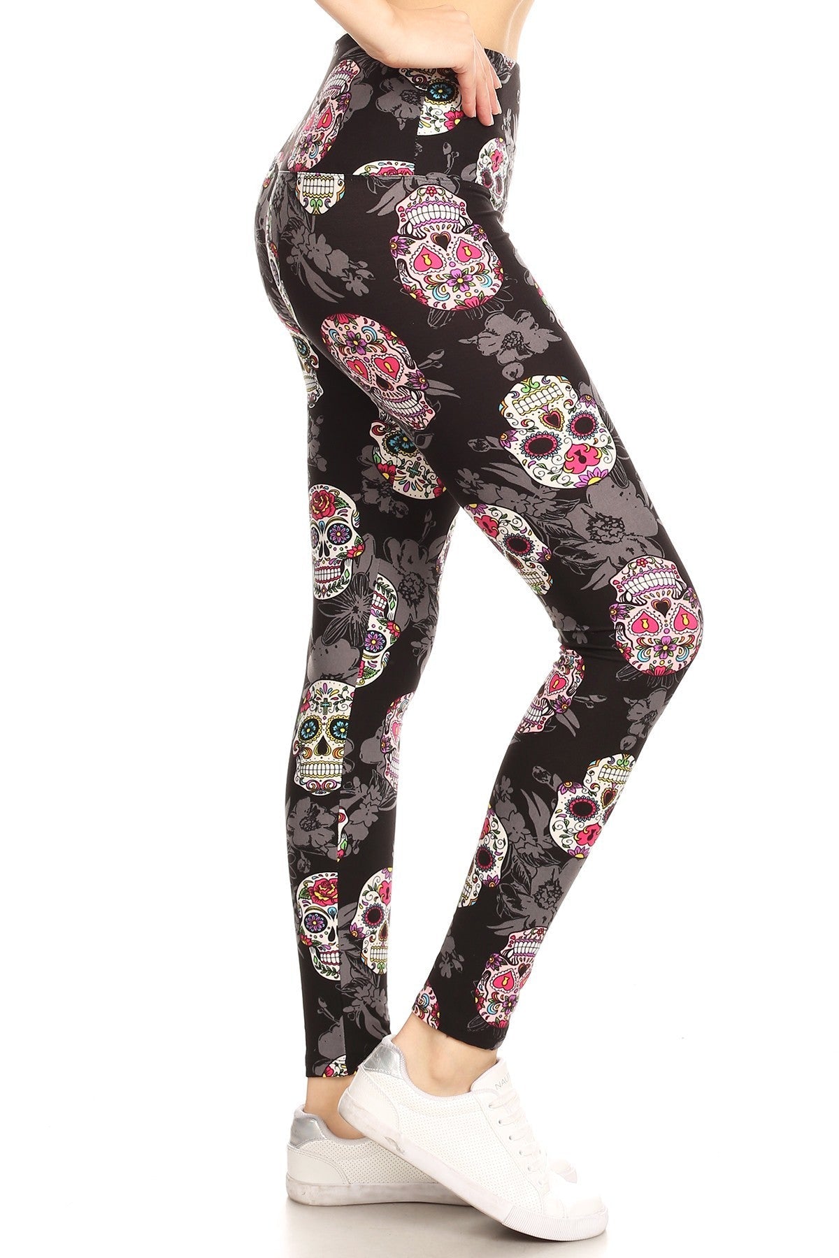 5-inch Long Yoga Style Banded Lined Skull Printed Knit Legging With High Waist-TOPS / DRESSES-[Adult]-[Female]-Multi-Blue Zone Planet