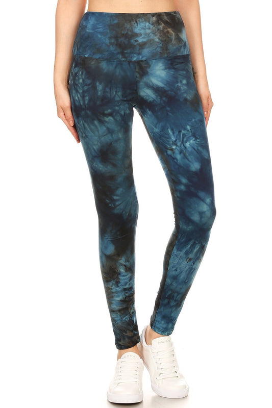 5-inch Long Yoga Style Banded Lined Tie Dye Printed Knit Legging With High Waist Blue Zone Planet