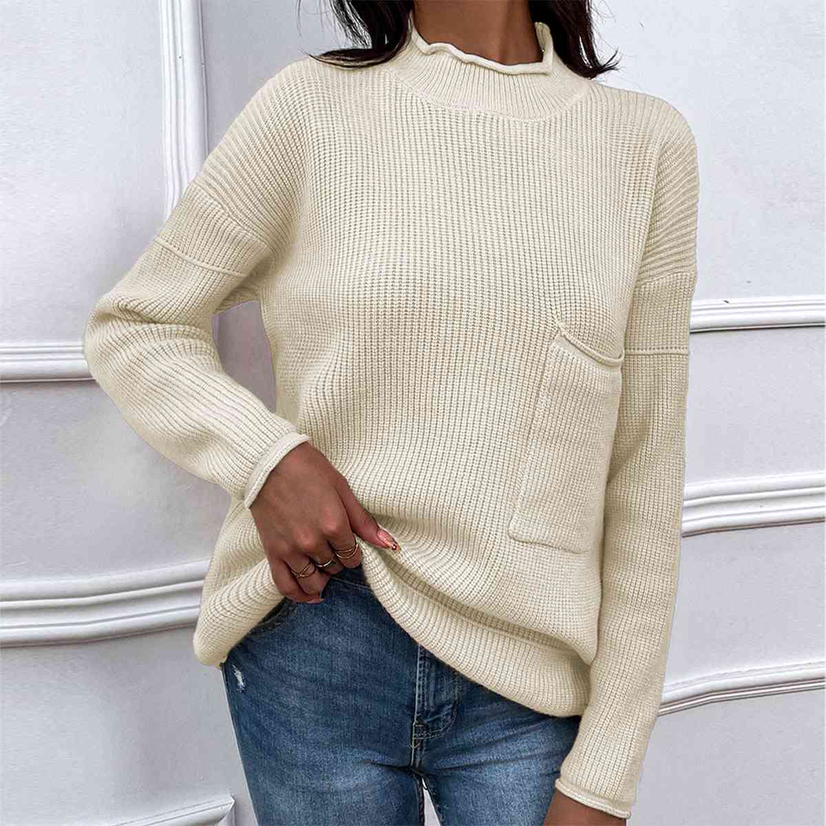 Dropped Shoulder Sweater with Pocket-TOPS / DRESSES-[Adult]-[Female]-Beige-S-2022 Online Blue Zone Planet