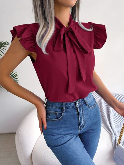 Tie  Neck Cap Sleeve Blouse BLUE ZONE PLANET