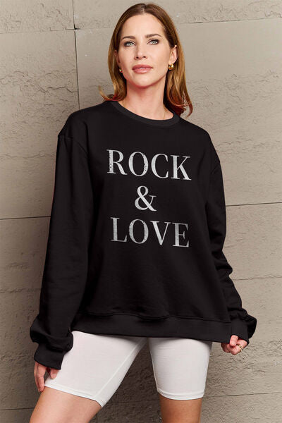 Simply Love Full Size ROCK ＆ LOVE Round Neck Sweatshirt-TOPS / DRESSES-[Adult]-[Female]-Black-S-2022 Online Blue Zone Planet