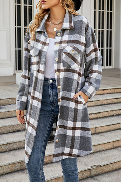 Blue Zone Planet |  Plaid Button Up Collared Neck Coat with Pockets BLUE ZONE PLANET