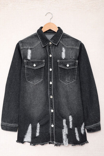 Blue Zone Planet |  Distressed Button Up Raw Hem Denim Jacket BLUE ZONE PLANET