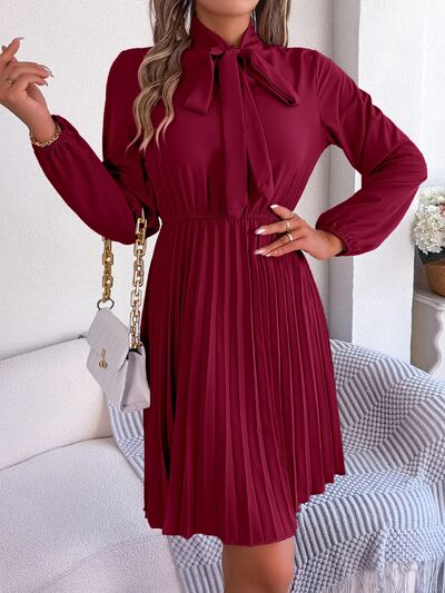 Tie Neck Balloon Sleeve Pleated Dress-TOPS / DRESSES-[Adult]-[Female]-2022 Online Blue Zone Planet