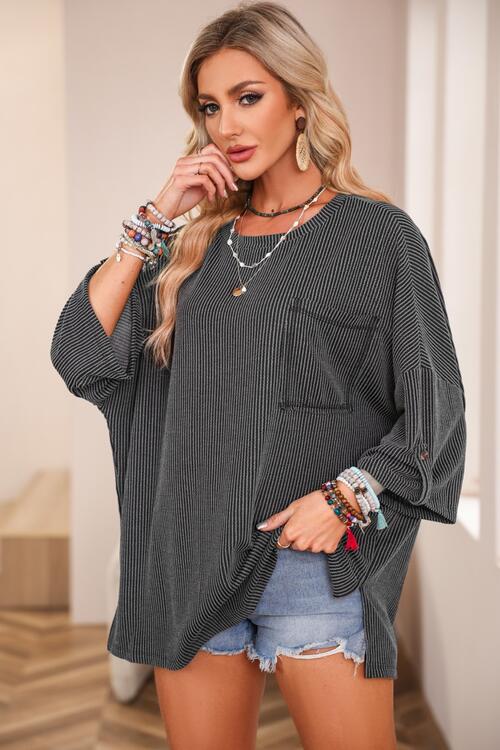 Round Neck Slit Roll-Tab Sleeve Oversize Top BLUE ZONE PLANET