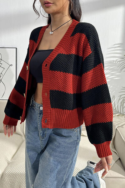 Striped Button Up Dropped Shoulder Cardigan BLUE ZONE PLANET