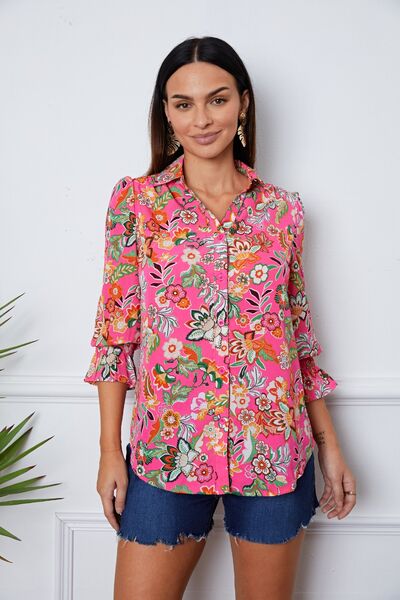 Floral Button Up Flounce Sleeve Shirt Trendsi