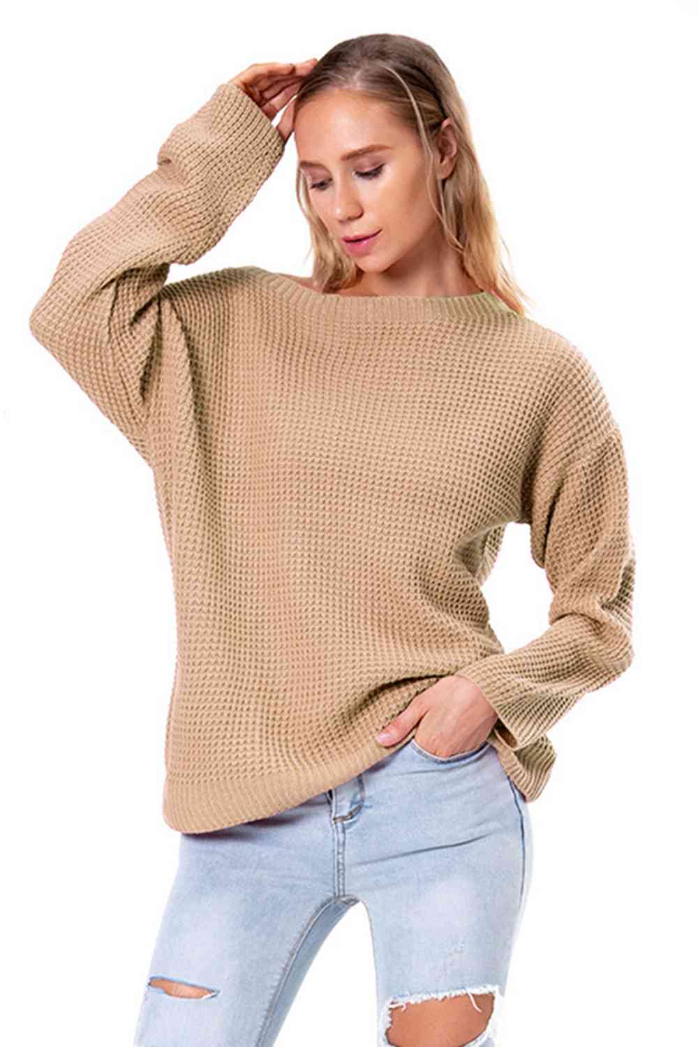 Boat Neck Drop Shoulder Long Sleeve Sweater BLUE ZONE PLANET