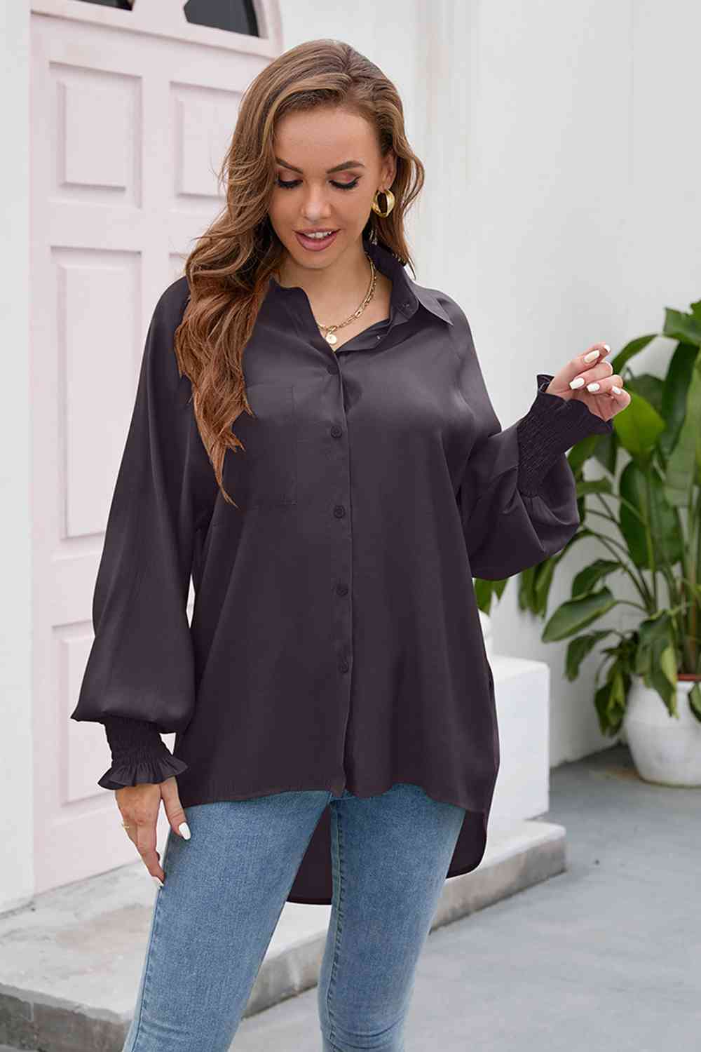 High-Low Collared Neck Lantern Sleeve Shirt BLUE ZONE PLANET