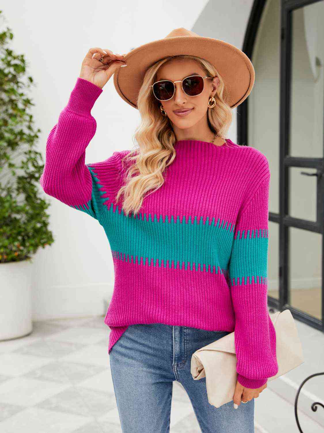 Contrast Round Neck Sweater BLUE ZONE PLANET