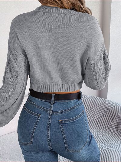 Cable-Knit Round Neck Cropped Sweater BLUE ZONE PLANET