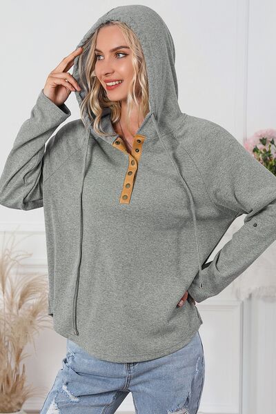 Drawstring Half Snap Long Sleeve Hoodie-TOPS / DRESSES-[Adult]-[Female]-2022 Online Blue Zone Planet