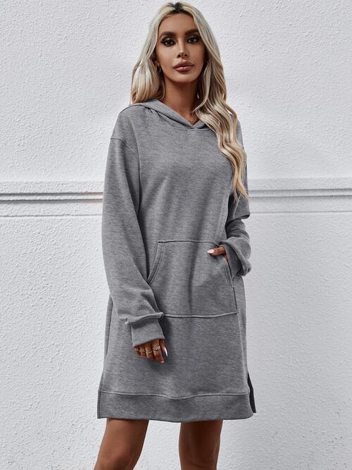 Slit Long Sleeve Hooded Dress with Pocket BLUE ZONE PLANET