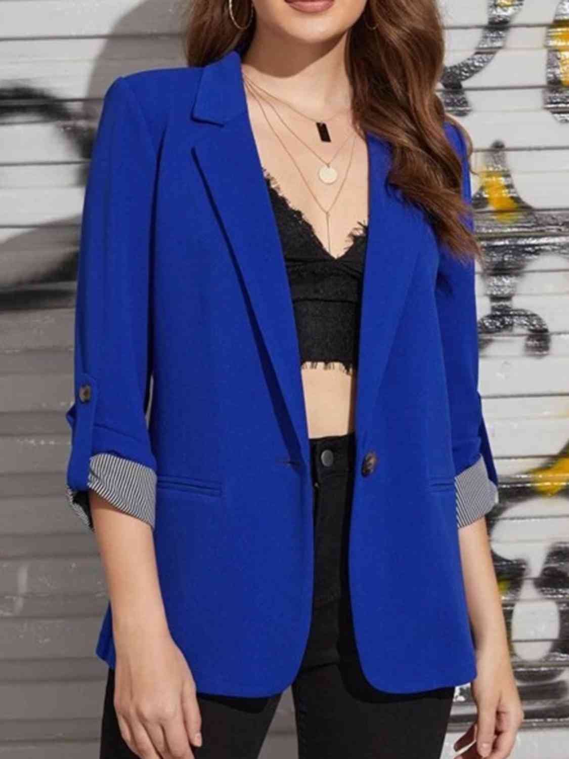 Lapel Collar Roll-Tab Sleeve Blazer BLUE ZONE PLANET