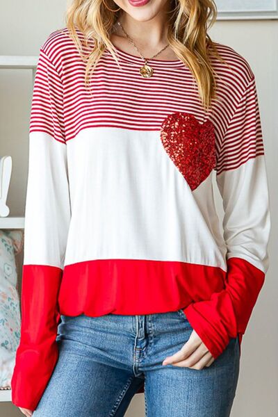 Striped Heart Sequin Long Sleeve T-Shirt-TOPS / DRESSES-[Adult]-[Female]-White-S-2022 Online Blue Zone Planet