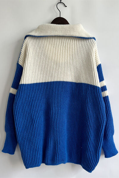 Quarter Zip Striped Dropped Shoulder Sweater Trendsi