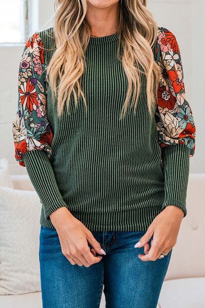 Printed Round Neck Lantern Sleeve T-Shirt Trendsi