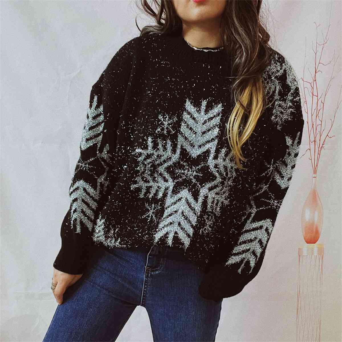 Snowflake Pattern Long Sleeve Sweater BLUE ZONE PLANET