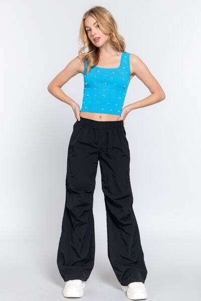 ACTIVE BASIC Pearl Detail Square Neck Cropped Tank BLUE ZONE PLANET
