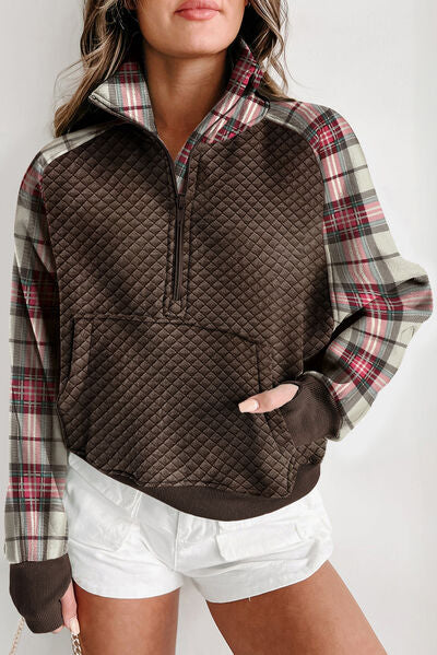 Plaid Half Zip Kangaroo Pocket Sweatshirt Trendsi