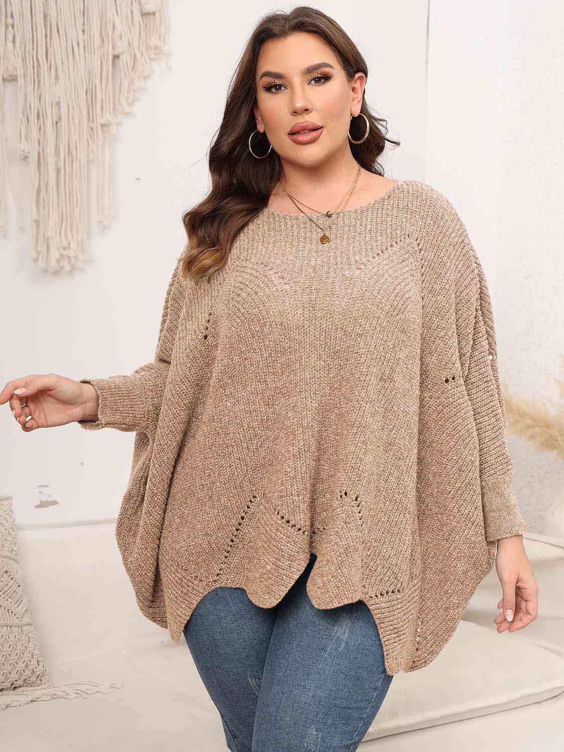 Plus Size Round Neck Batwing Sleeve Sweater BLUE ZONE PLANET