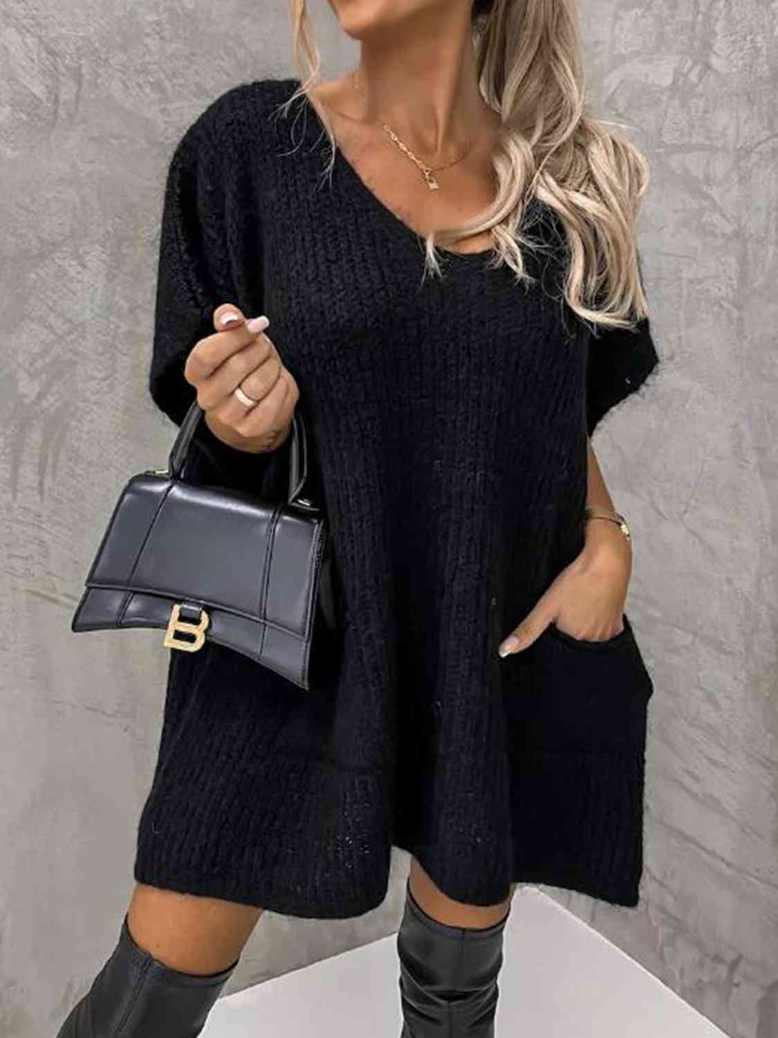 Short Sleeve Sweater Dress with Pockets-TOPS / DRESSES-[Adult]-[Female]-2022 Online Blue Zone Planet