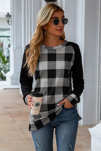 Plaid Round Neck Long Sleeve T-Shirt-TOPS / DRESSES-[Adult]-[Female]-Heather Gray-S-2022 Online Blue Zone Planet