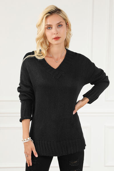 V-Neck Dropped Shoulder Sweater-TOPS / DRESSES-[Adult]-[Female]-Black-S-2022 Online Blue Zone Planet