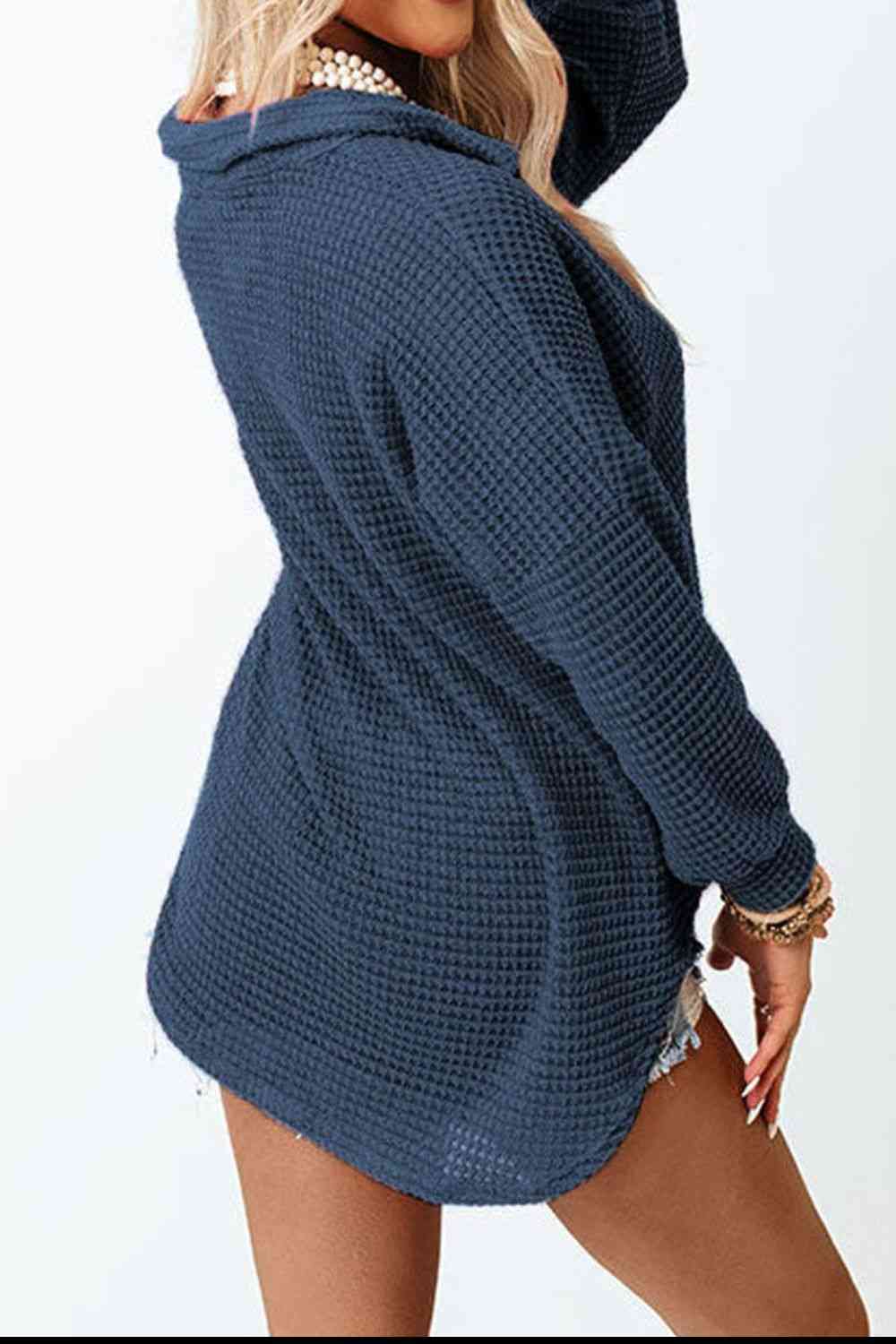 Waffle-Knit Button Up Long Sleeve Shirt with Pocket BLUE ZONE PLANET