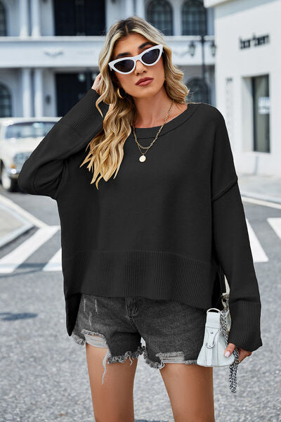 High-Low Slit Round Neck Long Sleeve Sweater BLUE ZONE PLANET