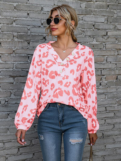 Leopard V-Neck Decorative Button Long Sleeve Blouse-TOPS / DRESSES-[Adult]-[Female]-Carnation Pink-S-2022 Online Blue Zone Planet