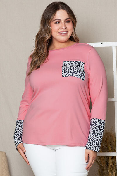 Plus Size Leopard Round Neck Long Sleeve T-Shirt BLUE ZONE PLANET