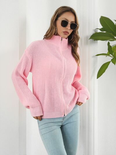 Turtleneck Zip Up Long Sleeve Knit Top BLUE ZONE PLANET