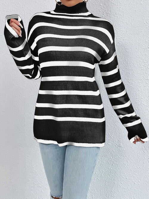 Striped Turtleneck Long Sleeve Sweater BLUE ZONE PLANET