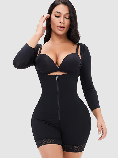 Full Size Zip Up Lace Detail Long Sleeve Shapewear-TOPS / DRESSES-[Adult]-[Female]-Black-S-2022 Online Blue Zone Planet