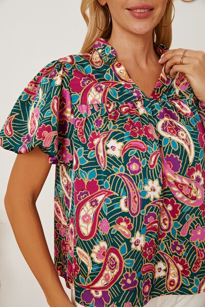 Floral Collared Neck Short Sleeve Blouse Trendsi