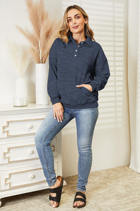 Blue Zone Planet |  Ninexis Full Size Quarter-Button Collared Sweatshirt BLUE ZONE PLANET