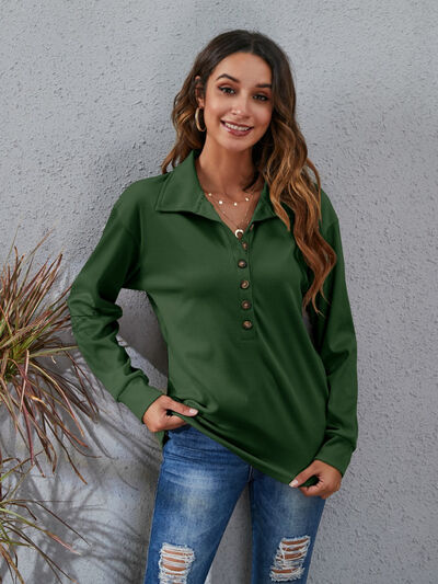 Half Button Dropped Shoulder Blouse Trendsi