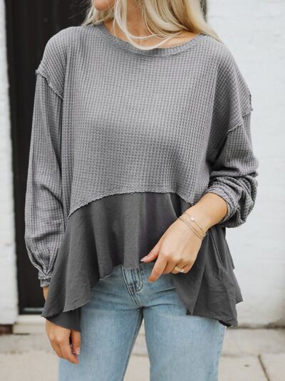 Waffle-Knit Round Neck Dropped Shoulder T-Shirt Trendsi