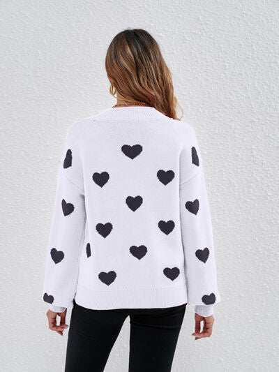 Heart Round Neck Dropped Shoulder Sweater BLUE ZONE PLANET